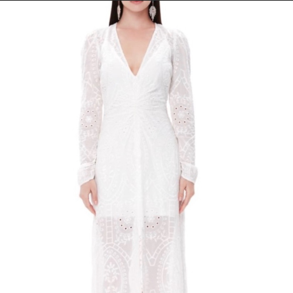 afrm madden ruched long sleeve midi dress